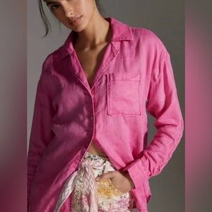 ANTHROPOLOGIE Maeve The Bennet Buttondown Shirt by Maeve: Linen Edition Pink XS